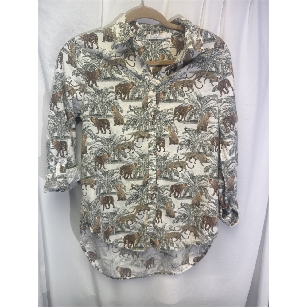 Jane & Delancey Women's Cheetah Button Up Tie Front Roll Tab Sleeve Blouse Large